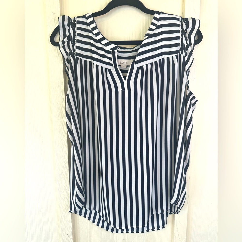 Loft Sleeveless White & Black Striped Ruffle Blouse-Size Large